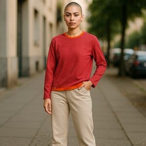 Women’s XL Striped Sweater – Red & Orange – Crew Neck – NWOT – Boutique Style